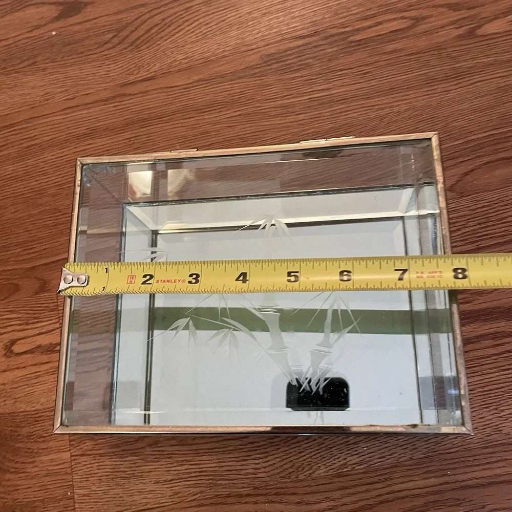 1980s Vintage Etched Bamboo Glass & Brass Jewelry Casket Box 8
